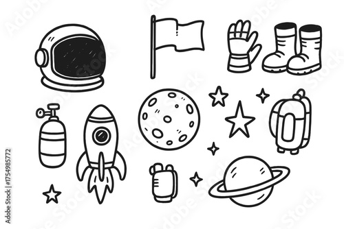 Astronaut Doodle Icons. Astronaut doodle icon set: hand drawn icons of helmet, gloves, boots, jetpack, flag, oxygen tank, rocket,