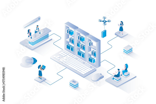 Online library 3d isometric concept with isometry people design for web. Students reading e-books and textbooks using laptops, taking books in online bookstore or digital archive. Vector illustration.