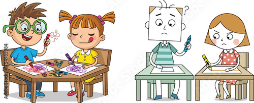 Children drawing with crayons, cartoon art scene, joyful vs uncertain behavior, expressive emotion contrast, creative moment, colorful vs blank illustration