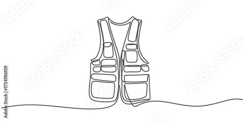 Continuous one line drawing of a utility vest with multiple pockets and straps vector