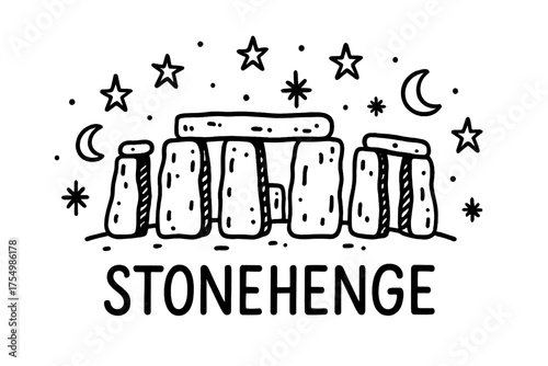 Stonehenge Celestial Doodle. Doodle stonehenge england with stars, stones, and moons, center word “Stonehenge” in black and white