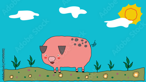 This charming hand-drawn sketch depicts a pig in a whimsical, childlike style. The simple lines and playful, naive look of the drawing convey the innocence and creativity of childhood.