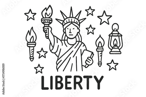 Liberty Doodle Statue. Doodle statue of liberty new york with stars, torches, and lanterns, center word “Liberty” in black and