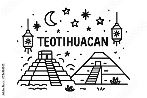 Teotihuacan Starry Doodle. Doodle teotihuacan mexico with stars, temples, and lanterns, center word “Teotihuacan” in black and