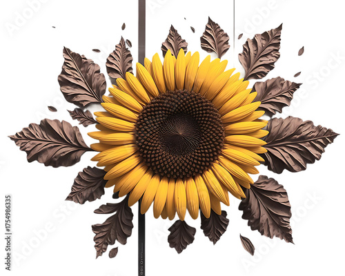 Vibrant 3d sunflower bloom with autumnal leaves radiating warmth and natural beauty isolated on transparent background