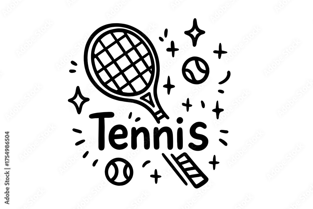 Obraz premium Tennis Magic Doodle. Doodle tennis racket with stars, balls, and sparkles, center word “Tennis” in black and white isolated