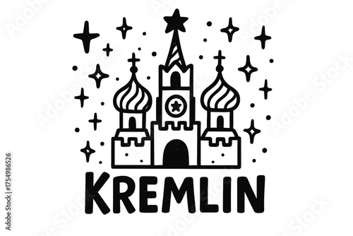 Doodle Kremlin Art. Doodle kremlin moscow with stars, domes, and sparkles, center word “Kremlin” in black and white isolated