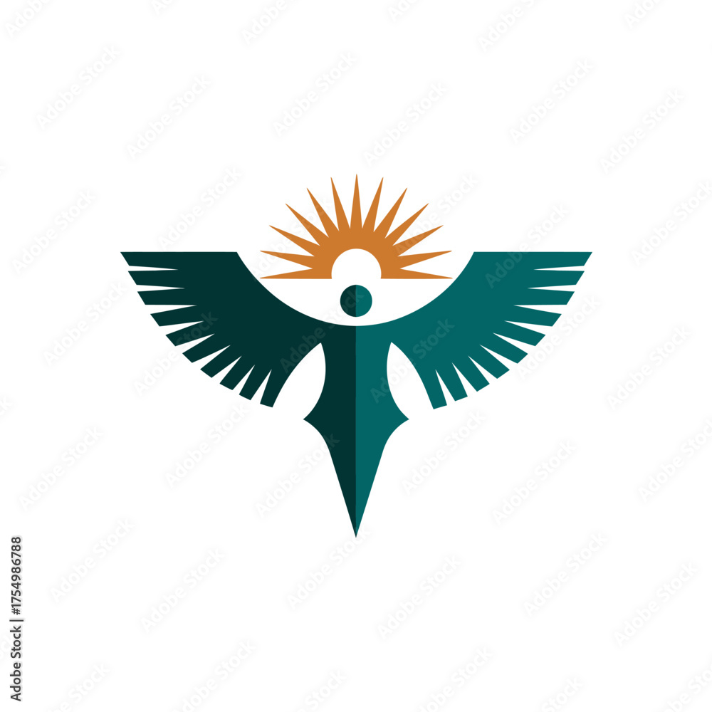 Obraz premium Geometric logo depicting winged figure beneath sunburst, in shades of teal and gold