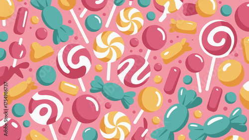 A seamless pattern of various candies including lollipops and wrapped sweets on a pink background
