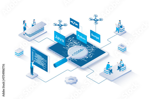 Programming 3d isometric concept with isometry people design for web. Programmers developing software and creating new programs, working with code, optimize and launch product. Vector illustration.