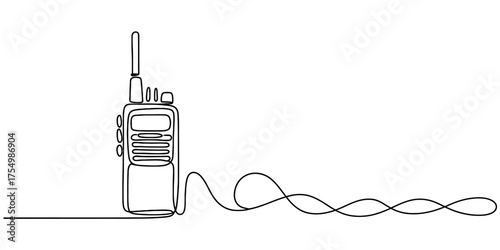 Continuous single line art illustration of a walkie talkie device with its antenna and coiled cable vector