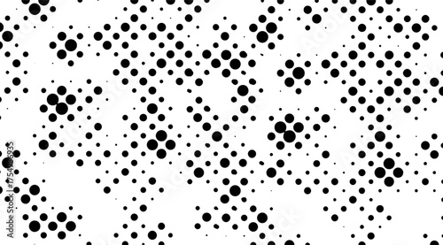 Halftone black dots create a striking abstract pattern against a clean white background, featuring varying circle sizes and clustered formations for a dynamic, textured effect