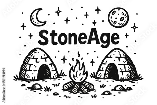 Stone Age Campfire. Hand-drawn stone age camp with moons, fire, and sparkles, center word “StoneAge” in black and white isolated