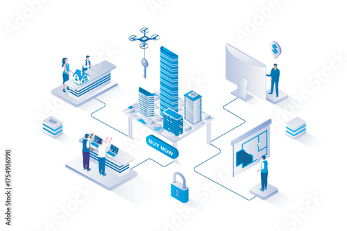 Real estate 3d isometric concept with isometry people design for web. Realtor company selling new apartments and flats with blueprint projects, making contracts with buyers. Vector illustration.
