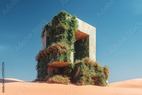 Botanical Cube: Concrete structure in a desert landscape, adorned with vibrant greenery and delicate blooms, contrasting nature & architecture.