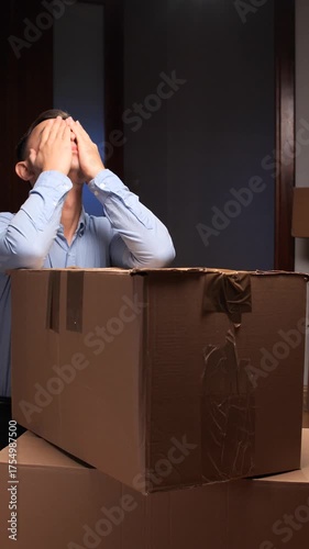 vertical video Stressed man feeling overwhelmed by moving boxes
