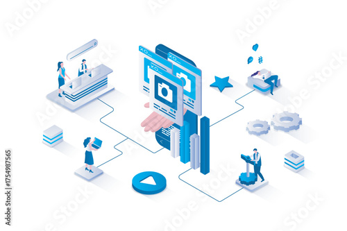 SMM 3d isometric concept with isometry people design for web. Team analyzing data and developing online promotion strategy, making new posts with sharing promo information. Vector illustration.