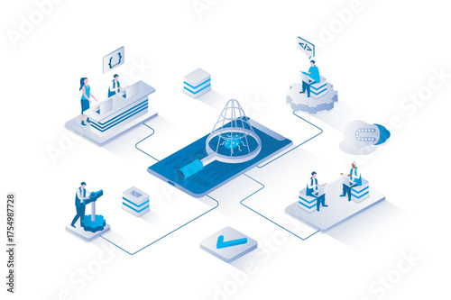 Software testing 3d isometric concept with isometry people design for web. Team developing programs or apps, making optimization and debugging, looking and fixing bugs and errors. Vector illustration.