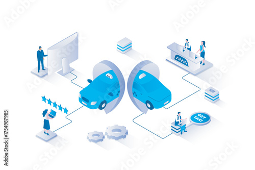 Taxi booking 3d isometric concept with isometry people design for web. Passagers using taxi service in mobile app, finding and ordering car, choosing transport, online tracking. Vector illustration.