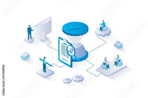 Time management 3d isometric concept with isometry people design for web. People controlling time and work processes, making schedule at list, doing daily tasks to deadline. Vector illustration.
