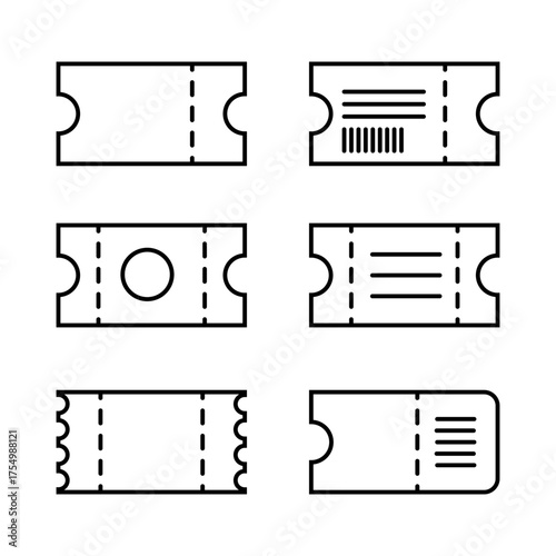 A set of black-and-white Line Art ticket icons representing event entrance ticket templates with space to copy