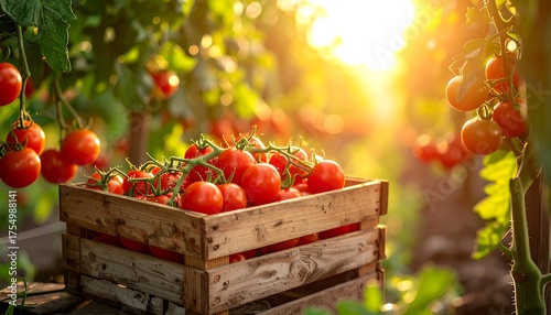 Ripe red tomatoes in a wooden crate, bathed in golden sunlight