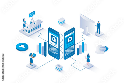 Trend watcher 3d isometric concept with isometry people design for web. Team making marketing research of new trends, themes and priority content, analyzing social media data. Vector illustration.