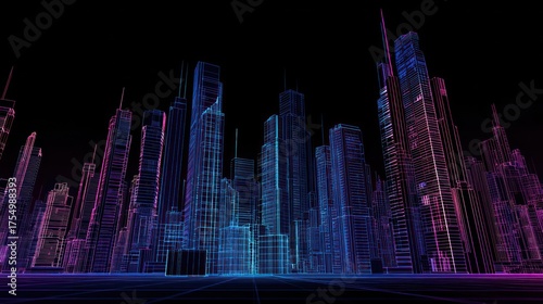 Abstract futuristic cityscape with neon grid lines and night sky