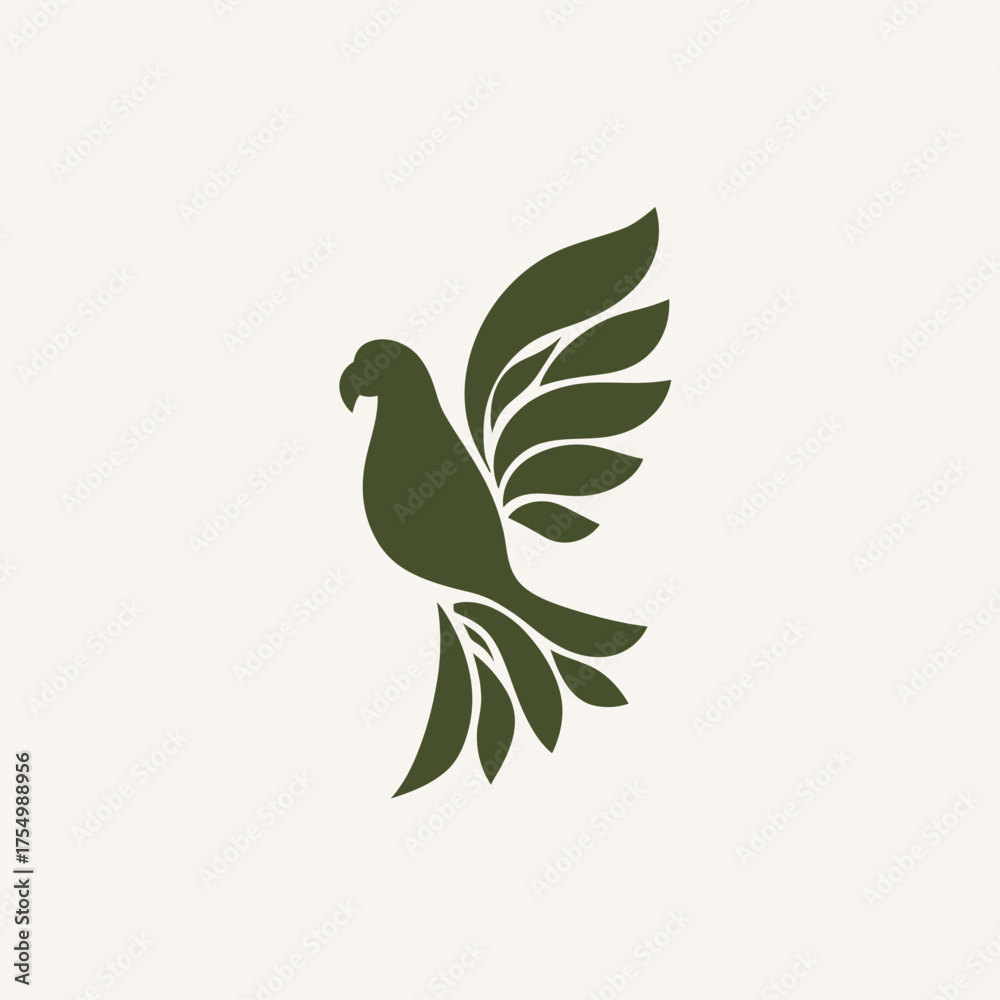 Fototapeta premium Stylized bird, in flight, silhouette with leafy wings on a plain background