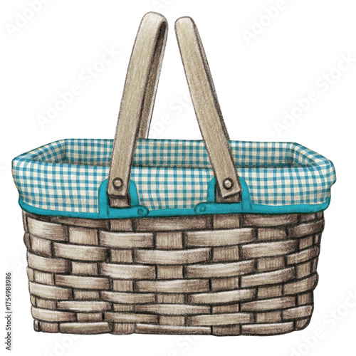 Watercolor hand drawn picnic basket⁠ green