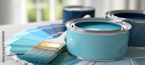 The paint cans and brush with blue swatches for modern home color selection