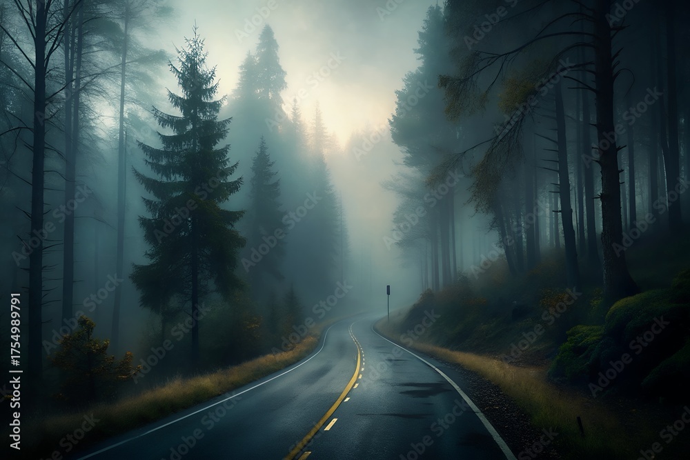 Fototapeta premium Misty forest road with sunbeams breaking through tall trees