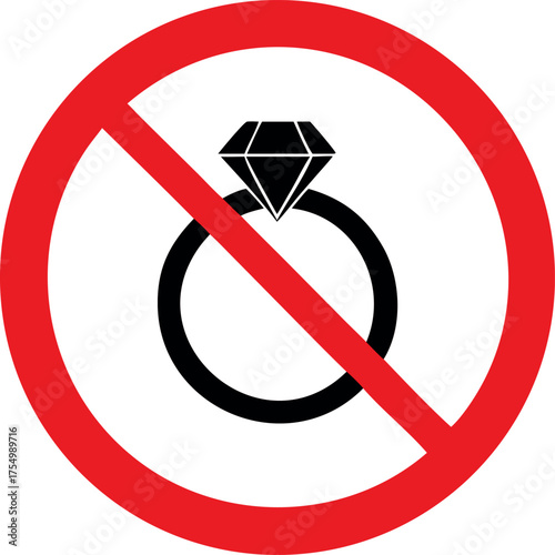 No jewelry Symbol Sign Vector Illustration, No Jewelry sign icon. Ring with diamond symbol. Red prohibition sign. Stop symbol.