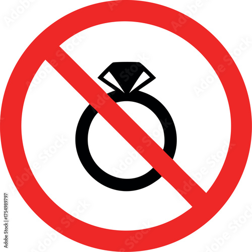 No jewelry Symbol Sign Vector Illustration, No Jewelry sign icon. Ring with diamond symbol. Red prohibition sign. Stop symbol.