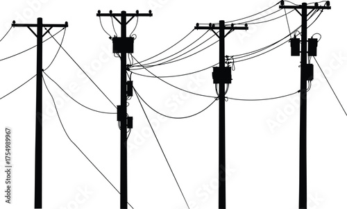 Silhouette of four utility poles with transformers, insulators, power lines, electrical distribution network, industrial infrastructure, urban design, rural energy supply system