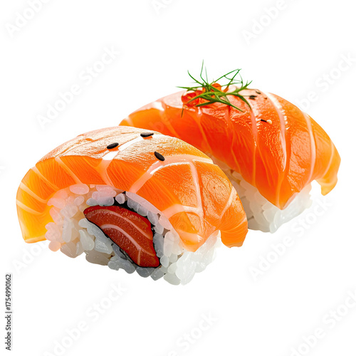 Close-up of two sushi pieces; orange salmon atop rice, with seaweed and garnishes