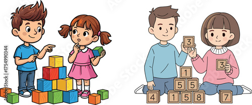 Children playing with blocks, cartoon learning scene, colorful vs numbered contrast, expressive emotion, pyramid stacking moment, early math and thinking illustration