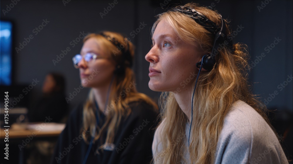 Fototapeta premium Two women focus intently as they listen and monitor a live production in the control room.