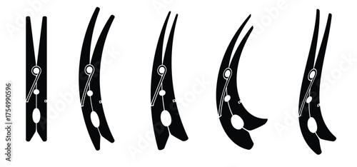 Cartoon clothespin or clothespeg. Foor clothesline on a sunny day or pegs hang on a washing line. Wooden clothes pin or clothes peg. Clothespins icon. Empty wooden clothes pegs. laundry fastener tool.