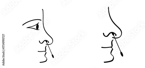 Cartoon cotton swab in your nose. Cotton swabs to disinfect your nose or to clean your nose. A cotton swab is a small stick with cotton or wads of cotton on each end. Cosmetics or hygiene tools.