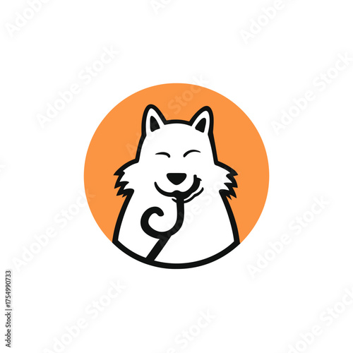 Cartoonish white dog with black outline, grinning inside orange circle on white