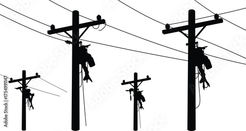 Utility pole workers silhouette, electrical maintenance, power line repair, energy infrastructure, safety gear, industrial labor, electricity distribution, teamwork, construction, technology