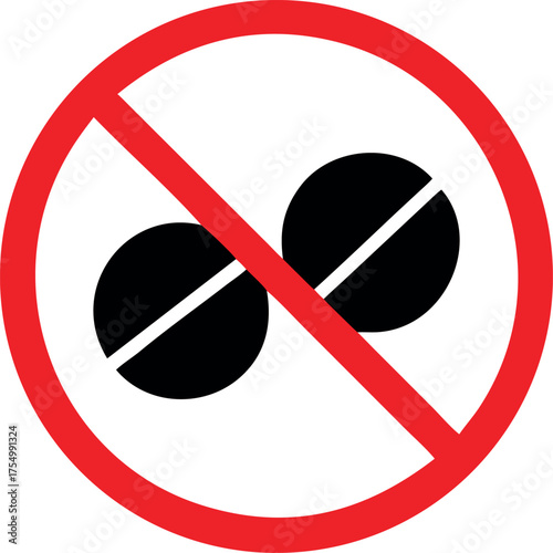 Drugs icon in prohibition red circle, No doping ban or stop sign, medicine forbidden symbol Vector illustration