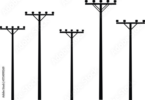 Utility poles silhouette, electrical infrastructure, power line design, energy distribution, rural electricity, industrial structure