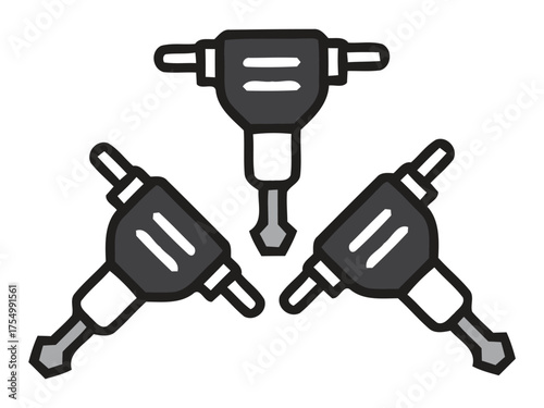 Jackhammer Road Drill Icons - Vector illustration featuring a set of heavy-duty pneumatic jackhammers, symbolizing construction, demolition, breaking ground, and road work.
