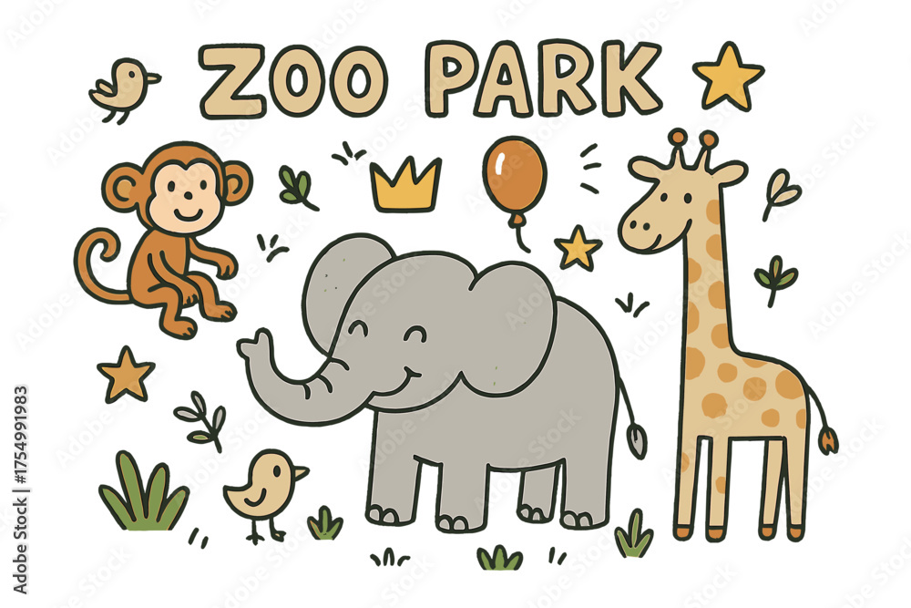 Obraz premium Zoo Friends Doodle. Zoo park illustration doodle style: hand drawn elephant with smile, monkey, crown, star, balloon, giraffe, and