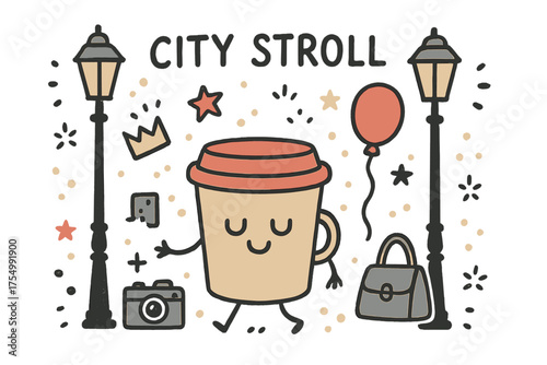 Whimsical Street Stroll. City stroll illustration doodle style: hand drawn coffee cup with smile, crown, star, balloon, camera,