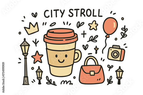 Whimsical Street Stroll. City stroll illustration doodle style: hand drawn coffee cup with smile, crown, star, balloon, camera,