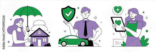 Vector art of insurance services concept with people protecting property, car, and health