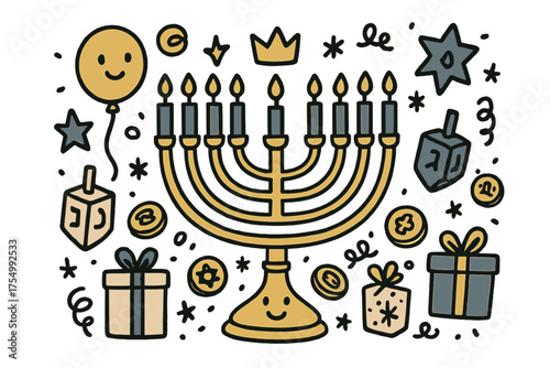 Whimsical Hanukkah Celebration. Hanukkah festival illustration doodle style: hand drawn menorah with smile, crown, star, balloon,